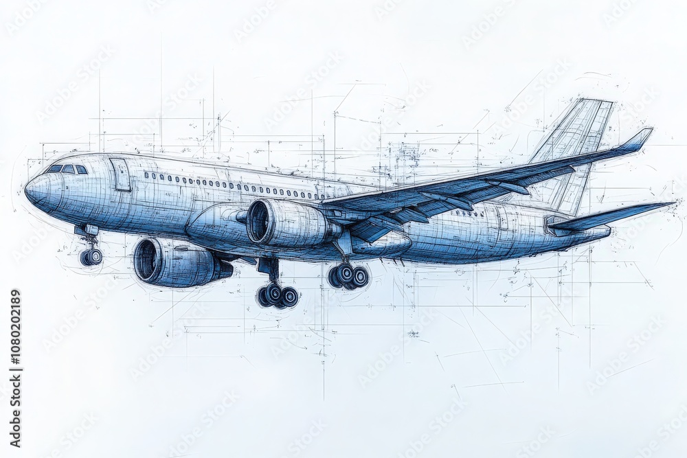 The drawing features a detailed technical sketch of a commercial aircraft, showcasing its intricacies and design specifications, ideal for engineering review and presentation purposes. The drawing features a detailed technical sketch of a commercial aircraft, showcasing its intricacies and design specifications, ideal for engineering review and presentation purposes.