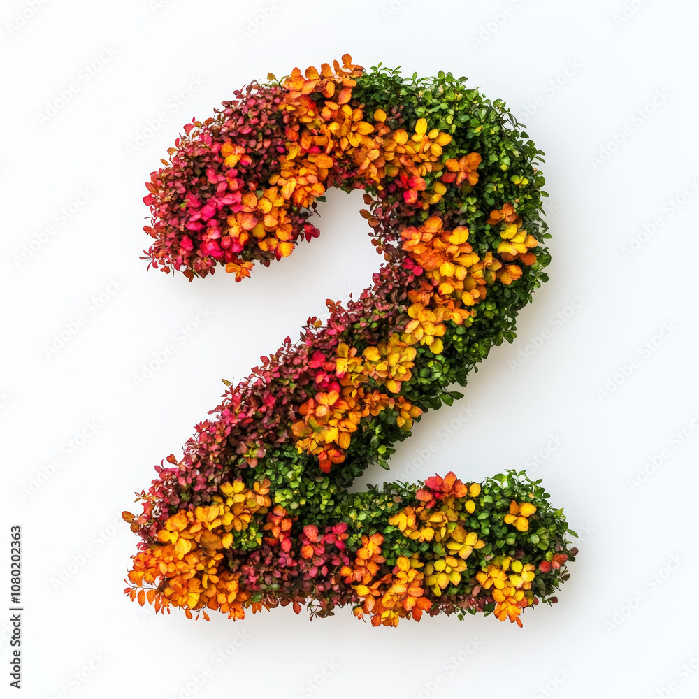 Number 2 made of fall leaves, flowers. berries. Vibrant autumn colours. White clean background. Generative AI Number 2 made of fall leaves, flowers. berries. Vibrant autumn colours. White clean background. Generative AI