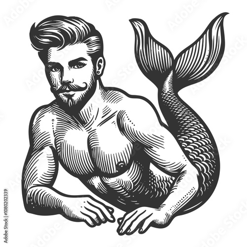 muscular merman with a vintage style, featuring strong physique and retro hairstyle sketch engraving generative ai vector illustration. Scratch board imitation. Black and white image. photo