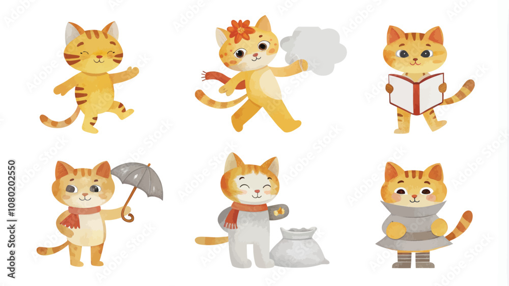 Cute cartoon cat character with different facial expressions. Vector illustration. Cute cartoon cat character with different facial expressions. Vector illustration.