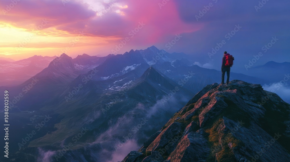 A hiker stands on a rocky peak, overlooking majestic mountains at sunset, capturing nature's beauty. A hiker stands on a rocky peak, overlooking majestic mountains at sunset, capturing nature's beauty.