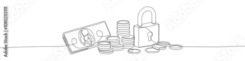 Saving money, capital, putting money aside, protecting and insuring finances continuous line drawing vector illustration. Money and lock outline illustration