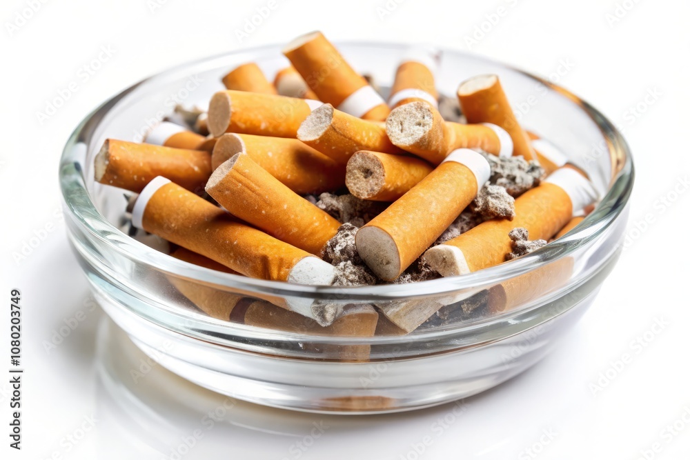 Isolated Cigarette Butts in Ashtray with White Highlights on a Clean Background for Stock Photography Use, Perfect for Articles on Smoking and Environmental Issues Isolated Cigarette Butts in Ashtray with White Highlights on a Clean Background for Stock Photography Use, Perfect for Articles on Smoking and Environmental Issues