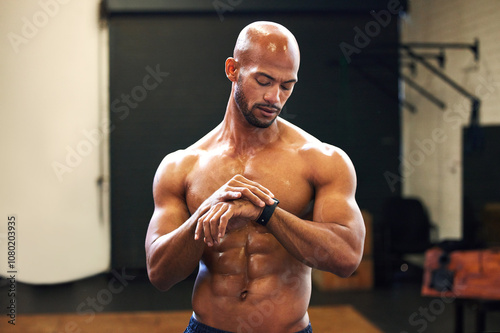 Fitness, man and sweating in gym with smart watch, tracking progress and check time. Personal trainer, muscular and topless in sports center with tech, heart rate app or break in workout with fatigue photo