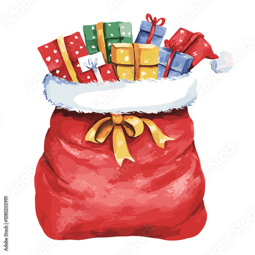Festive watercolor illustration of Santa's red sack filled with colorful Christmas gifts. Brimming with presents, symbolizing the joy and generosity. Isolated on white background