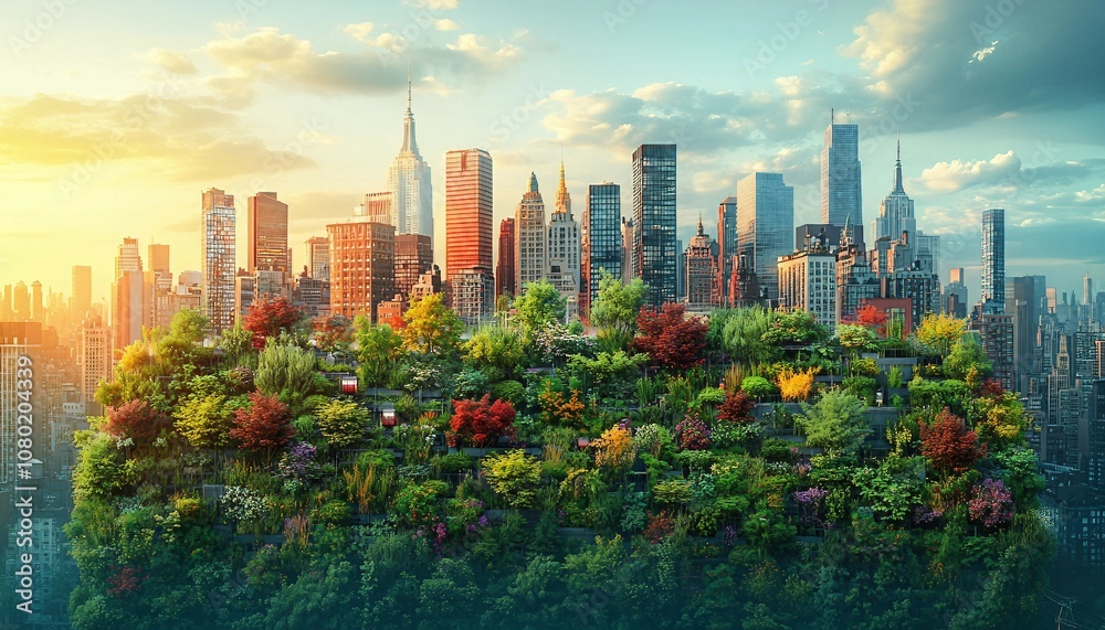 Fototapeta premium Urban Farming Integrated with Smart City, rooftop or vertical farms integrated with city infrastructure, where sensors track water, sunlight,