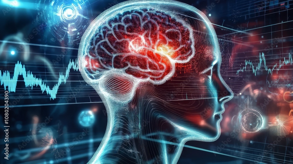 Digital illustration depicting a human head with brain activity. Digital illustration depicting a human head with brain activity.