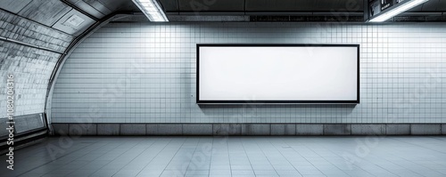 Empty billboard inside Paris subway station, modern underground setting, blank advertising display on tiled wall photo