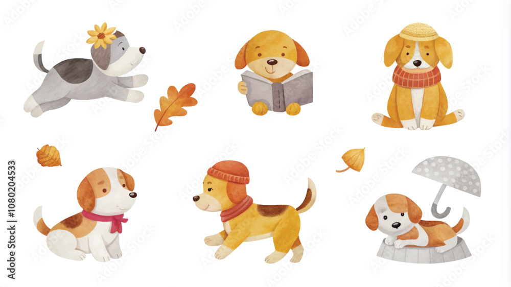 Set of cute watercolor dogs with autumn leaves. Vector illustration. Set of cute watercolor dogs with autumn leaves. Vector illustration.