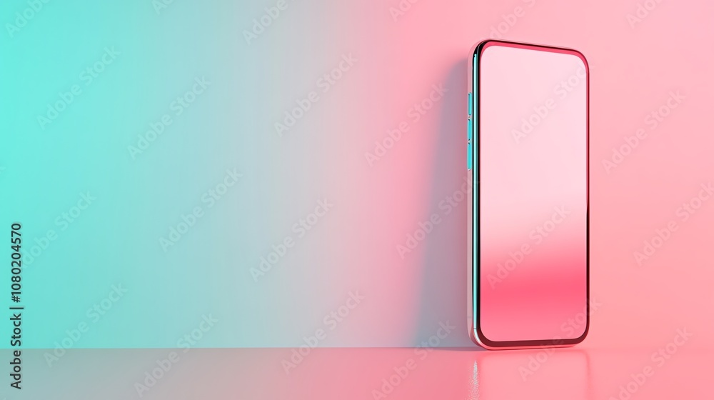 A black smartphone with a blank screen is sitting on a white surface with a blue and pink background. A black smartphone with a blank screen is sitting on a white surface with a blue and pink background.