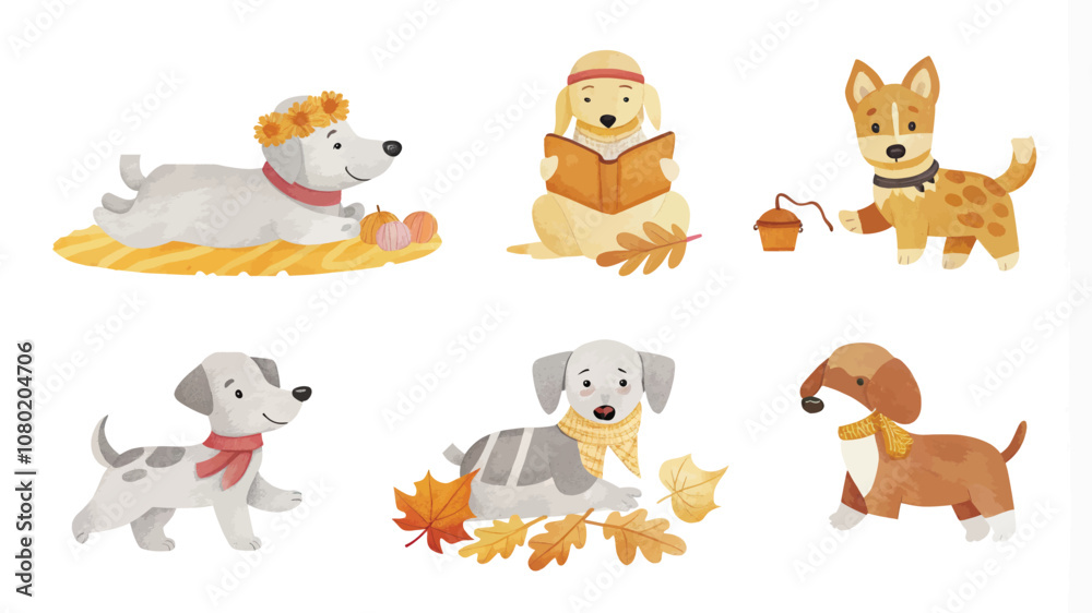 Naklejka premium Set of cute dogs and autumn leaves. Vector illustration in cartoon style.