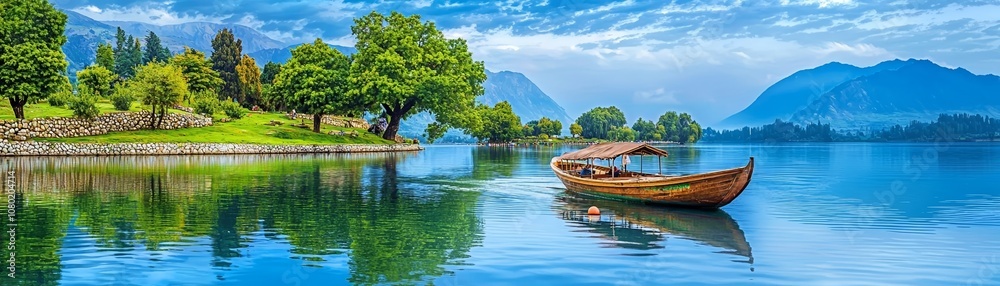 Shikara boat drifting on calm waters of Dal Lake, scenic view of Srinagar surrounded by lush greenery and mountains Shikara boat drifting on calm waters of Dal Lake, scenic view of Srinagar surrounded by lush greenery and mountains