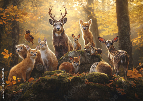 A group of deer grazing in the forest with antlers and horns in the wild photo