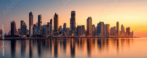 Skyline of Mumbai, featuring architectural highlights, urban cityscape with waterfront view during golden hour