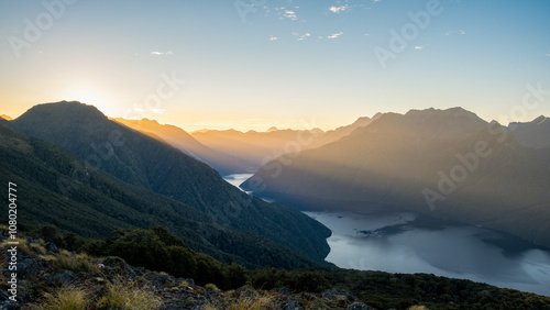 Slika na platnu Sunset over the Lake Te Anau, Luxmore Hut, Kepler Track, New Zealand