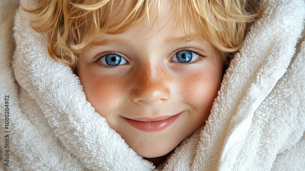 Fresh Faced Beauty Close Up of Smiling Child Wrapped in White Towel After Washing, Skincare Concept Fresh Faced Beauty Close Up of Smiling Child Wrapped in White Towel After Washing, Skincare Concept