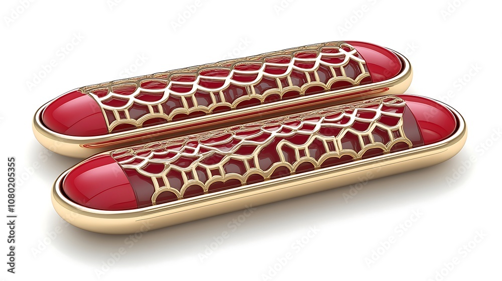 Two red and gold decorative capsules isolated on white.