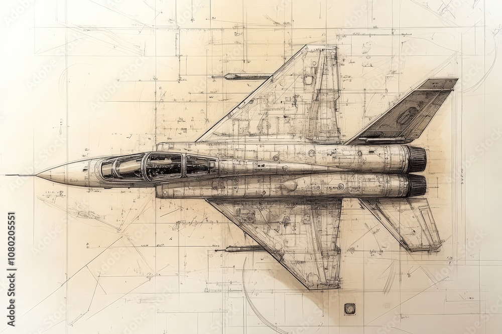 This technical sketch features a jet fighter viewed from above, illustrating intricate design elements and precise measurements. This technical sketch features a jet fighter viewed from above, illustrating intricate design elements and precise measurements.