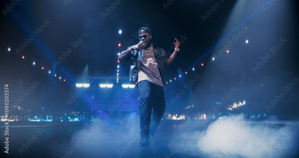 Creative Rap Artist Performing a Hit Song on Stage with a Striking Female Dancer, Inspiring a Large Audience in a Colorful Neon Concert Setting with Cinematic Lighting and Animated LED Screen Creative Rap Artist Performing a Hit Song on Stage with a Striking Female Dancer, Inspiring a Large Audience in a Colorful Neon Concert Setting with Cinematic Lighting and Animated LED Screen