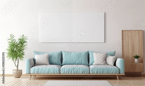 Modern Living Room Interior with Blue Sofa and White Canvas