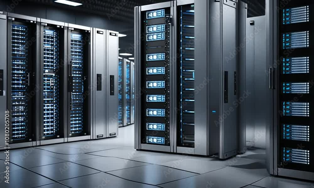 Server racks in a data center. Server racks in a data center.