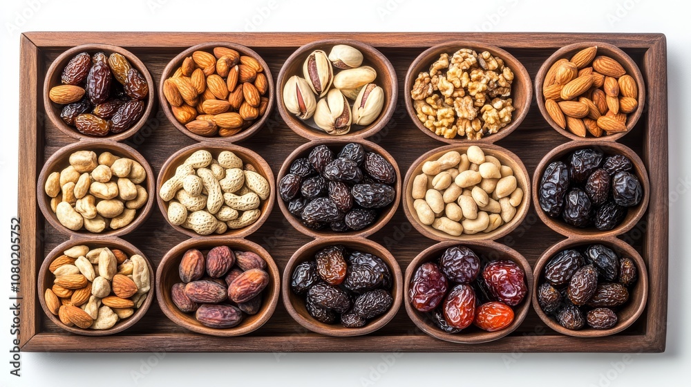 An exquisite display featuring various nuts and dried fruits artistically placed in small bowls, offering a feast for the eyes and a hint of indulgence in each bite. An exquisite display featuring various nuts and dried fruits artistically placed in small bowls, offering a feast for the eyes and a hint of indulgence in each bite.