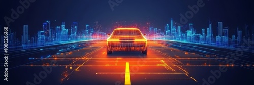  Futuristic wireframe self-driving auto car technology driving in Data lines futuristic city.