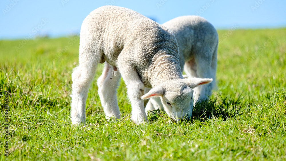 Little lambs graze on a green meadow, Shakespear Regional Park, New Zealand