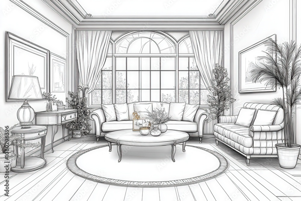 This detailed technical sketch illustrates a contemporary living room featuring spacious windows, stylish sofas, and decorative plants, showcasing a thoughtful layout and design. This detailed technical sketch illustrates a contemporary living room featuring spacious windows, stylish sofas, and decorative plants, showcasing a thoughtful layout and design.