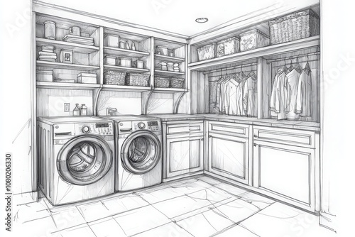 This technical sketch illustrates a functional laundry room featuring washing machines, shelves, and cabinets, designed for efficient organization and convenience in household chores.