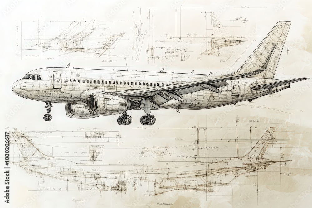 A comprehensive technical sketch illustrating a modern aircraft. The drawing features multiple views, including side and top perspectives, with precise measurements and engineering details. A comprehensive technical sketch illustrating a modern aircraft. The drawing features multiple views, including side and top perspectives, with precise measurements and engineering details.