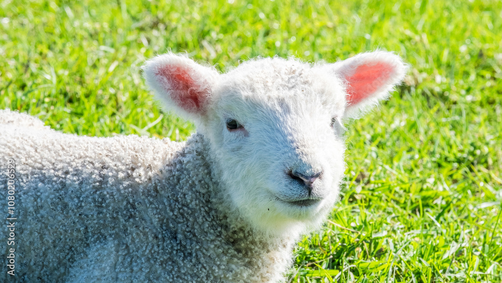 Little lambs graze on a green meadow, Shakespear Regional Park, New Zealand Little lambs graze on a green meadow, Shakespear Regional Park, New Zealand