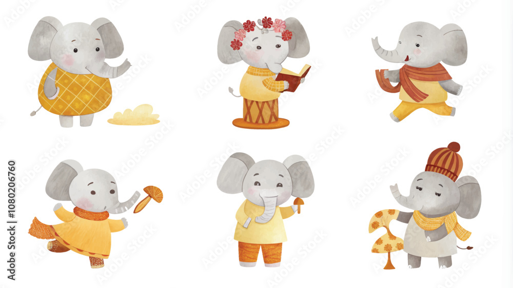 Fototapeta premium Set of cute cartoon elephants isolated on white background. Vector illustration.