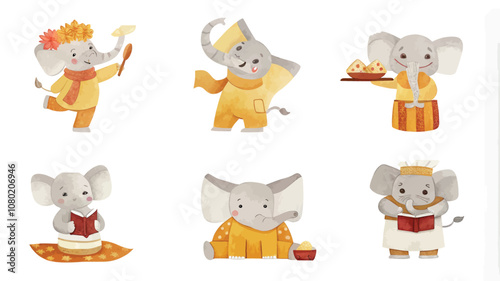 Set of cute elephants in cartoon style. Vector illustration on white background.