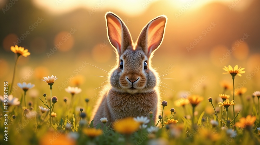 Fototapeta premium A cute rabbit sitting among colorful wildflowers during golden hour in a serene meadow, enjoying the warmth of a sunny day in spring