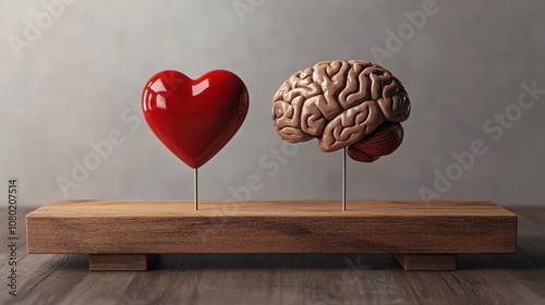 A red heart and a brain on a wooden shelf. photo