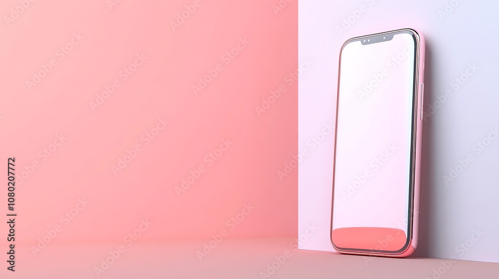 A black smartphone with a blank screen is sitting on a pink surface with a pink and white background. A black smartphone with a blank screen is sitting on a pink surface with a pink and white background.