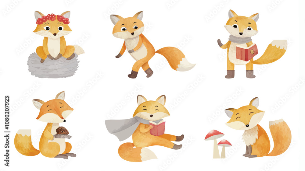 Fototapeta Cute foxes set. Cute cartoon animals. Vector illustration