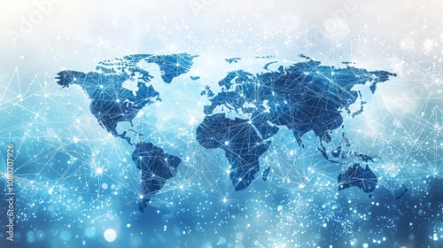 This illustration shows a digital map of the world, delicately lit to illustrate the extensive network connections that span the globe in a serene ambiance.