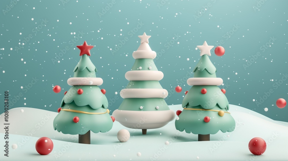 Stylized Christmas trees adorned with stars and red ornaments on a snowy background. Stylized Christmas trees adorned with stars and red ornaments on a snowy background.