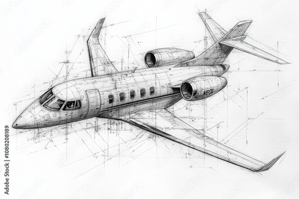 This sketch showcases a detailed technical drawing of a private jet, illustrating its design features, dimensions, and structural elements in precise lines and annotations. This sketch showcases a detailed technical drawing of a private jet, illustrating its design features, dimensions, and structural elements in precise lines and annotations.