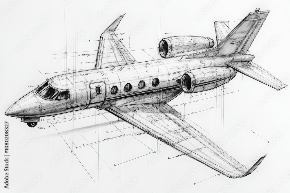 This technical sketch illustrates a private jet, highlighting its design features, dimensions, and intricate engineering details on a clean sheet of paper.