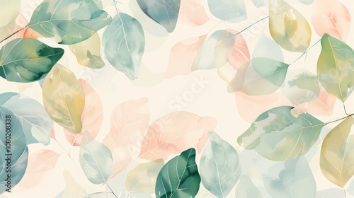 The design has a light and airy feel, with leaves overlapping each other and a pastel color palette.