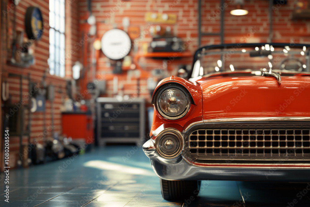 Red convertible parked inside vintage auto repair shop. Close-up of classic car in garage