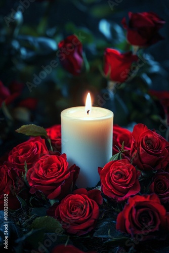 A single white candle surrounded by red roses on a small altar, giving off a mystical and enchanting glow. 