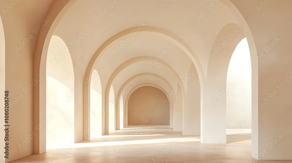 A long hallway with arches receding into the distance, with a light beige color scheme. A long hallway with arches receding into the distance, with a light beige color scheme.