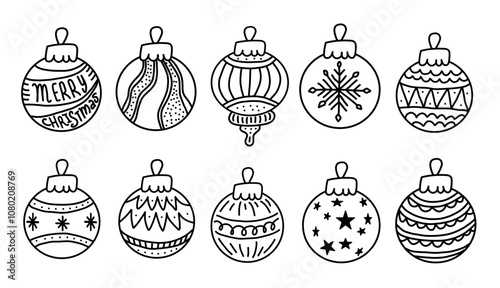 Set of hand-drawn Christmas ornaments in black and white. Christmas ornaments with unique patterns and holiday motifs. Ready for coloring pages, DIY crafts, cards. Vector illustration in doodle style.