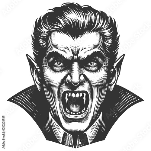 vampire with a fierce expression, fangs exposed, and wearing a dark cloak and classic attire sketch engraving generative ai vector illustration. Scratch board imitation. Black and white image.