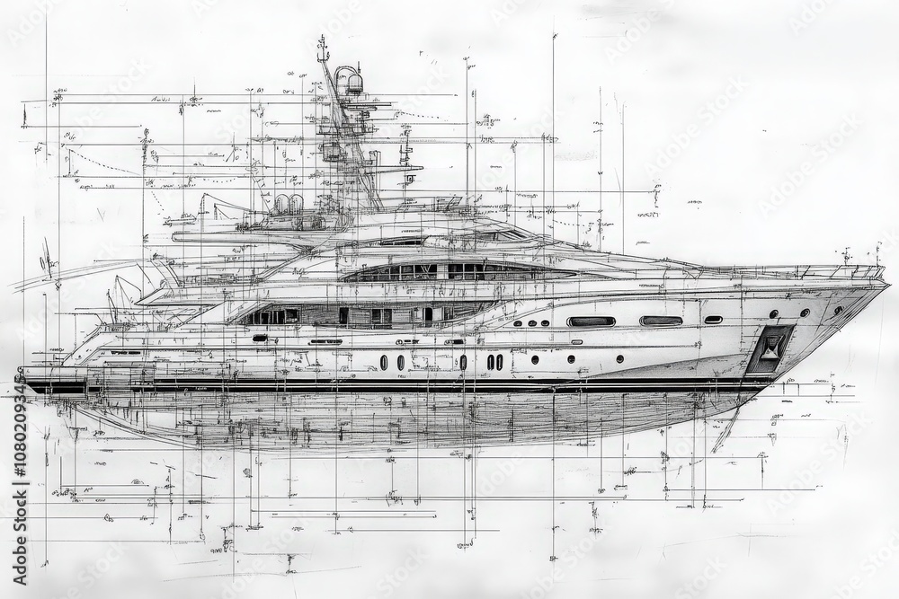 This detailed technical sketch illustrates the design of a luxury yacht, featuring intricate lines and precise measurements. The drawing highlights the yachts structure, deck layout, and elegance.
