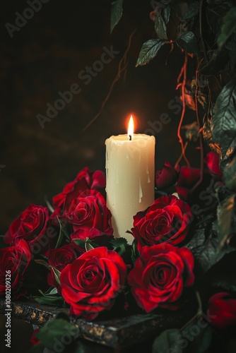 A single white candle surrounded by red roses on a small altar, giving off a mystical and enchanting glow. 